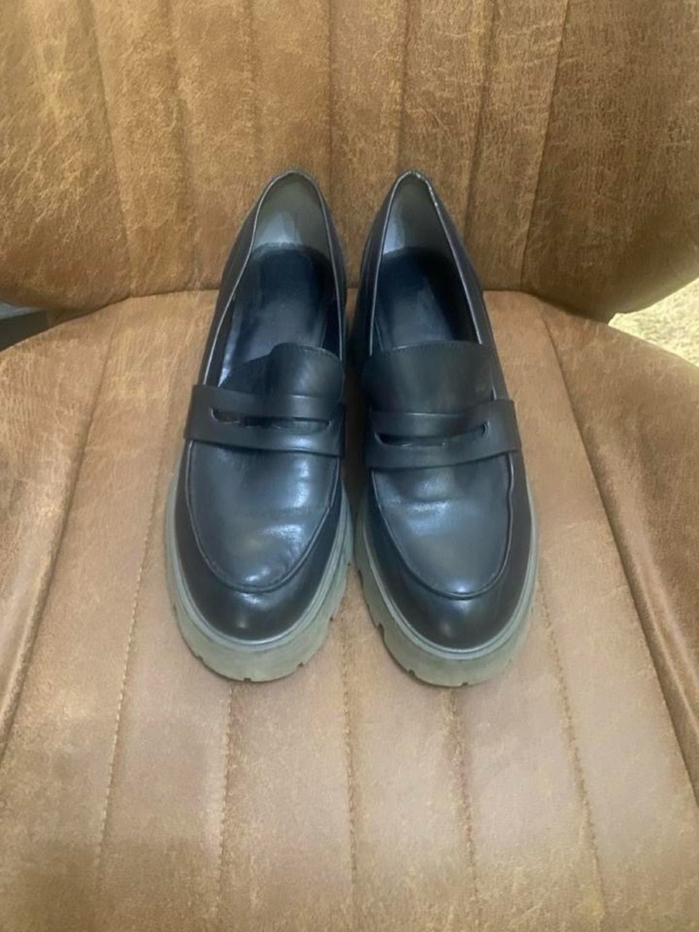 Marc Fisher Black Leather Lug Sole Penny Loafers